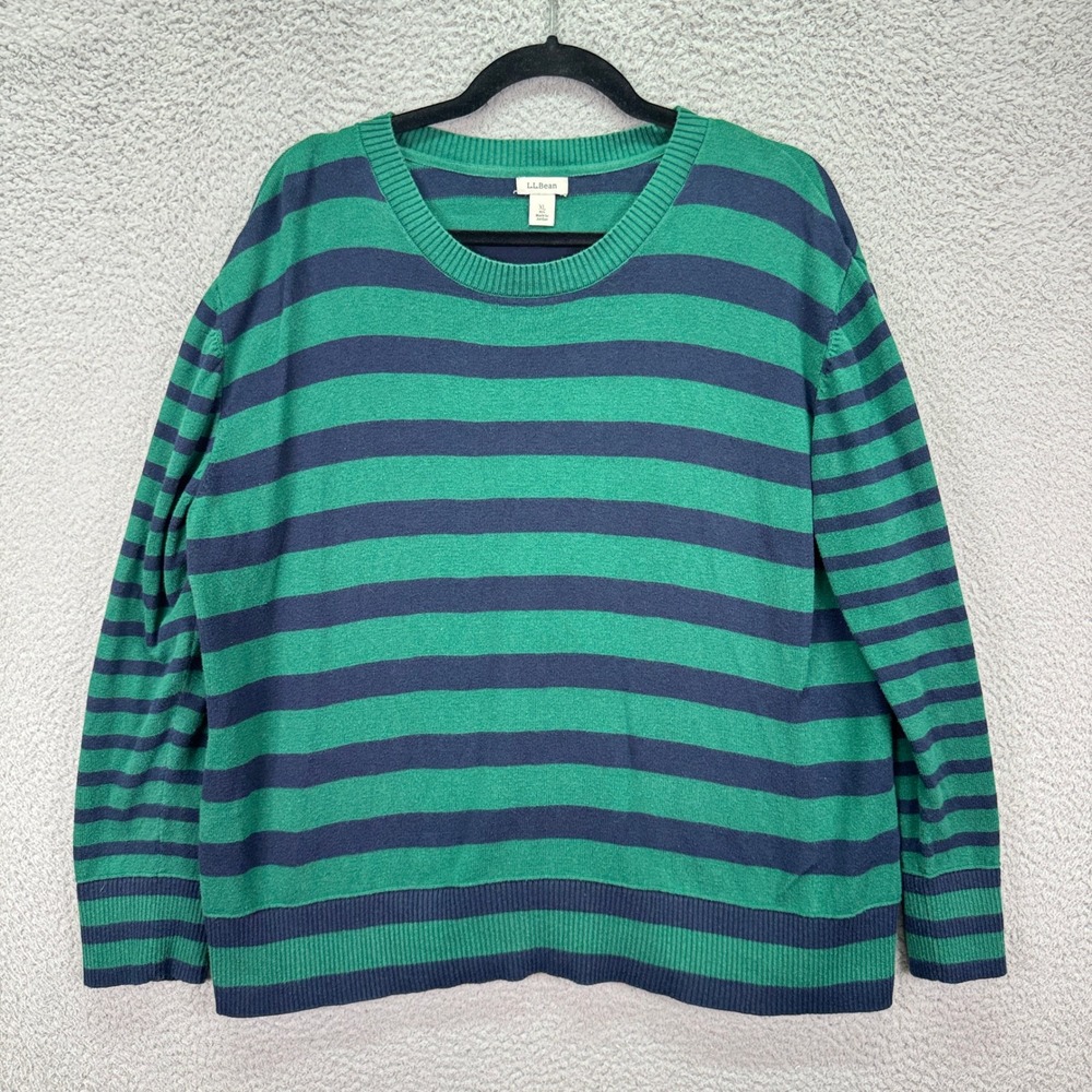 LL Bean Sweater Womens XL Green Navy Striped Cotton Cashmere Crewneck Preppy